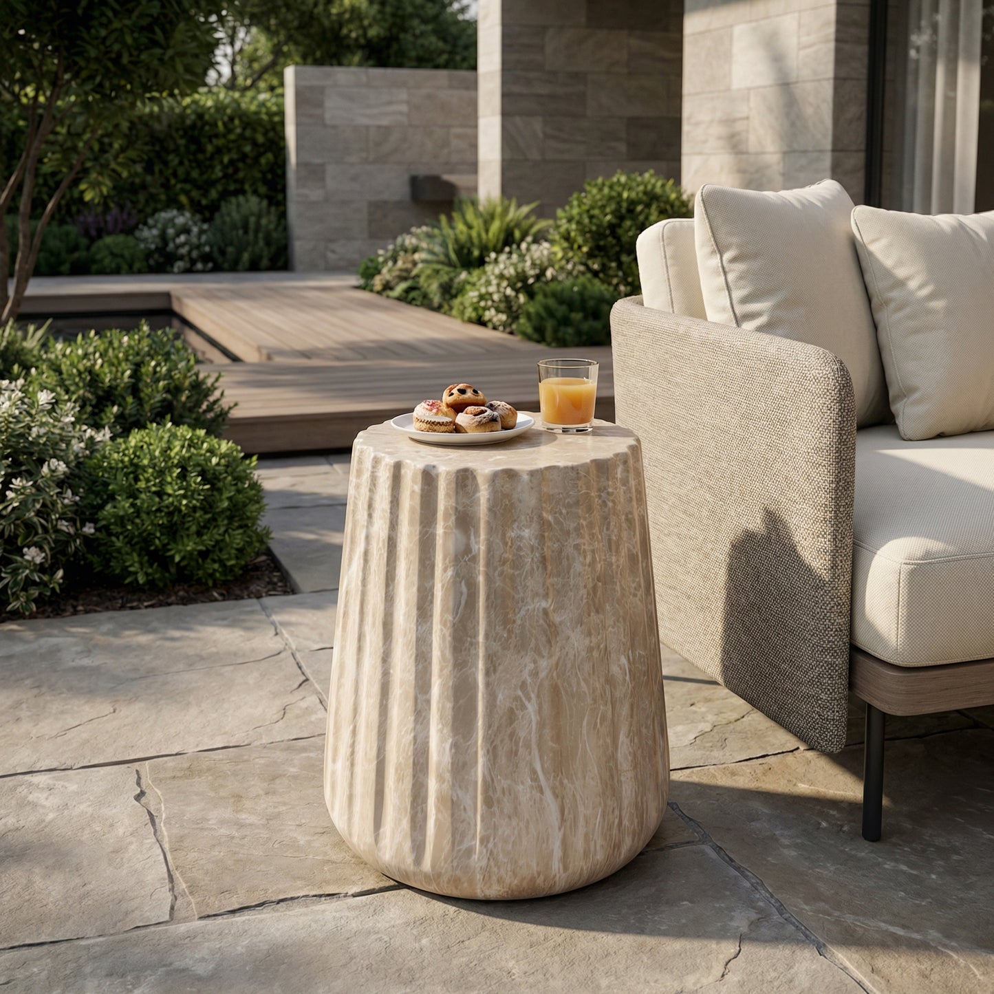 Outdoor Cleme Carved Side Table – Lightweight Concrete End Table with Travertine Finish for Indoor & Outdoor Use