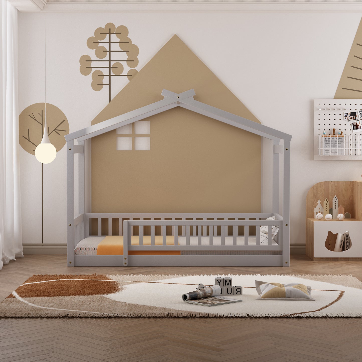 Wood Bed House Bed Frame with Fence for Kids, Teens, Girls, Boys