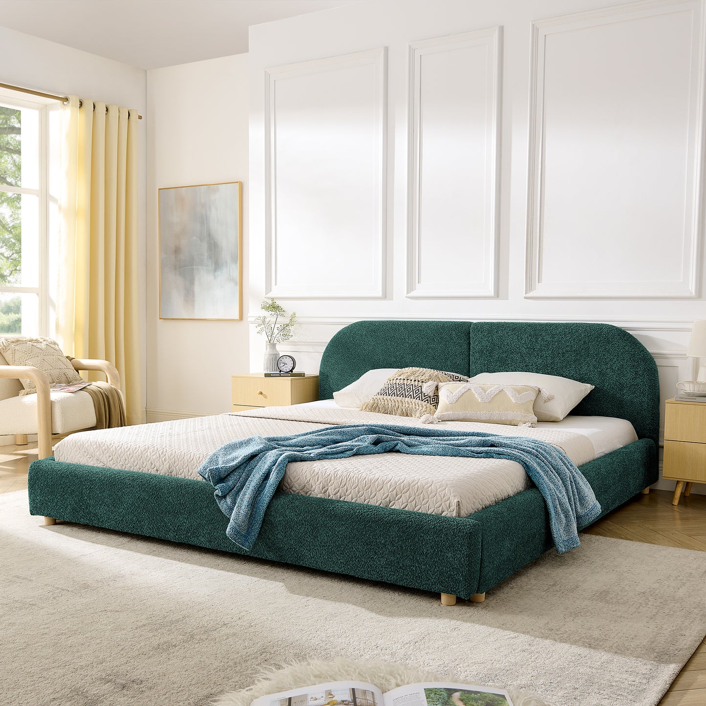 Upholstered Bed Frame, Modern Minimalist Style with Tall Curved Headboard, Premium Circle Yarn