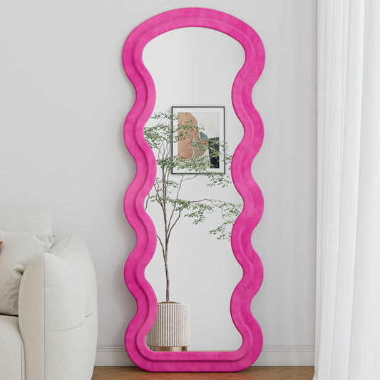 Rose Pink Wavy Full Length Floor Mirror with Flannel Wrapped Frame, Standing or Wall Mounted Decorative Mirror for Bedroom & Living Room