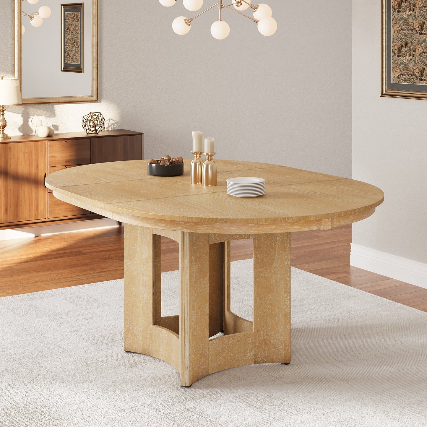 Farmhouse Extendable Round Dining Table with 16inch Removable Leaf for Small Places