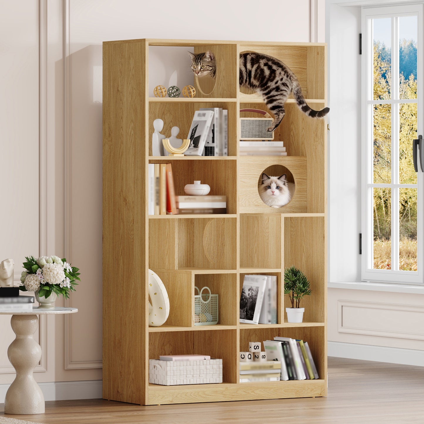 Modern 2-in-1 Wooden Cat House Bookshelf – Cat Tree Display Cabinet with Storage & Litter Box Enclosure