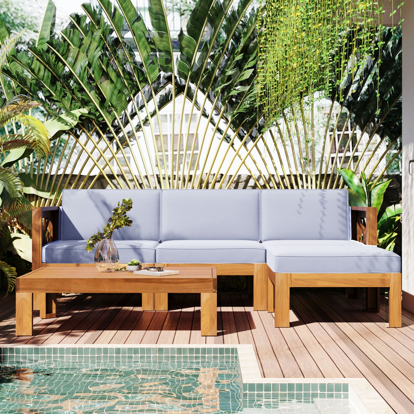 Outdoor Backyard Patio Wood 5-Piece Sectional Sofa Seating Group Set with Cushions
