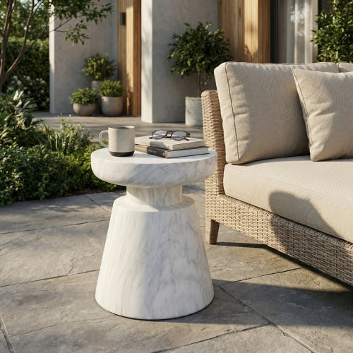 Outdoor Travertine Pedestal Side Table Lightweight Concrete MGO End Table for Indoor Outdoor Use White