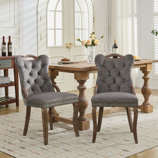 Dining Chairs Set of 2 Gray Velvet Tufted with Tufted Detail for Dining Room or Kitchen Seating