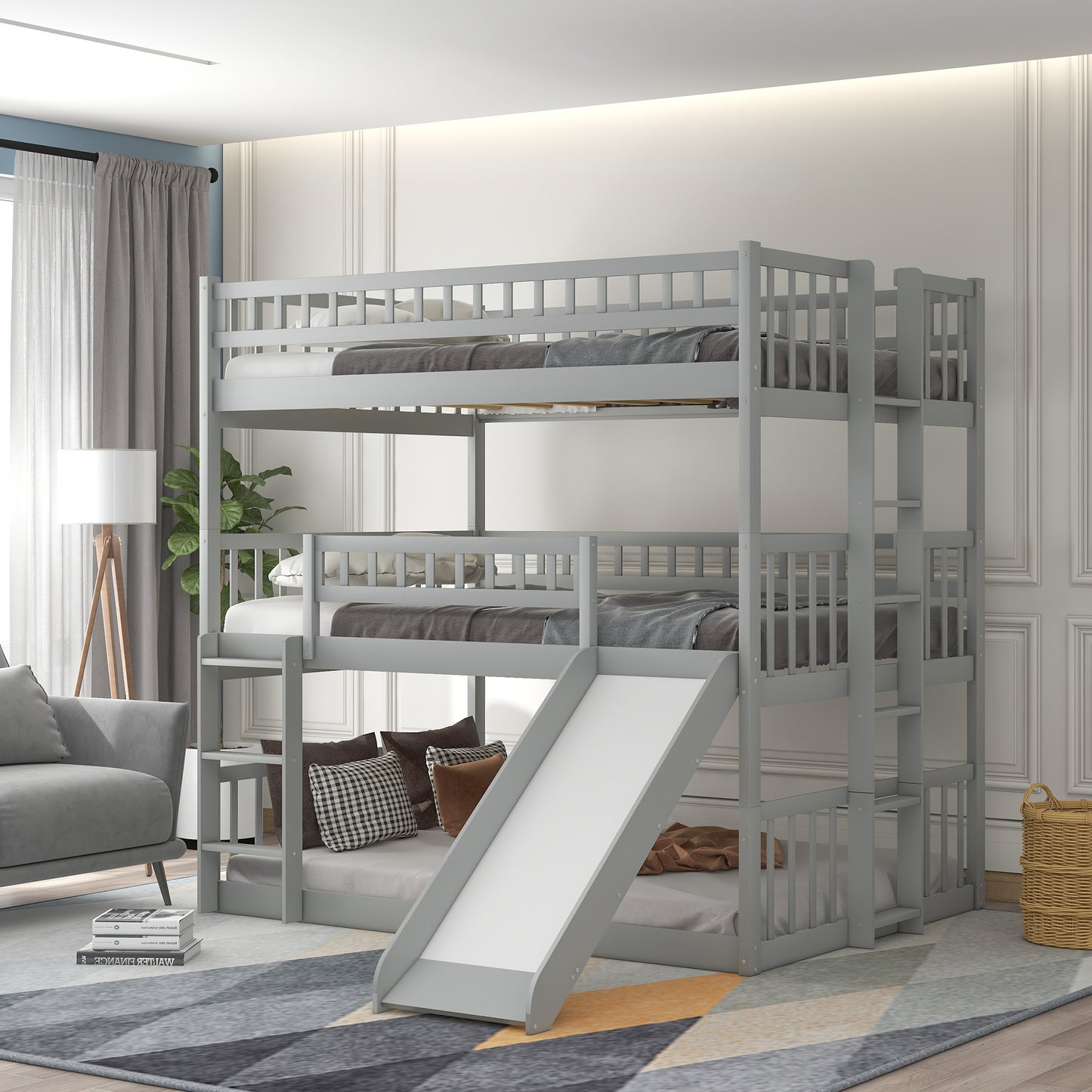 Full-Over-Full-Over-Full Triple Bed with Built-in Ladder and Slide , Triple Bunk Bed with Guardrails
