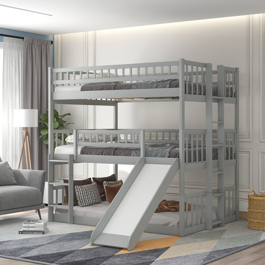 Triple Bunk Bed, Full Over Full, Solid Wood with Slide, Ladder, and Guardrails for Shared Bedroom or Guest Room