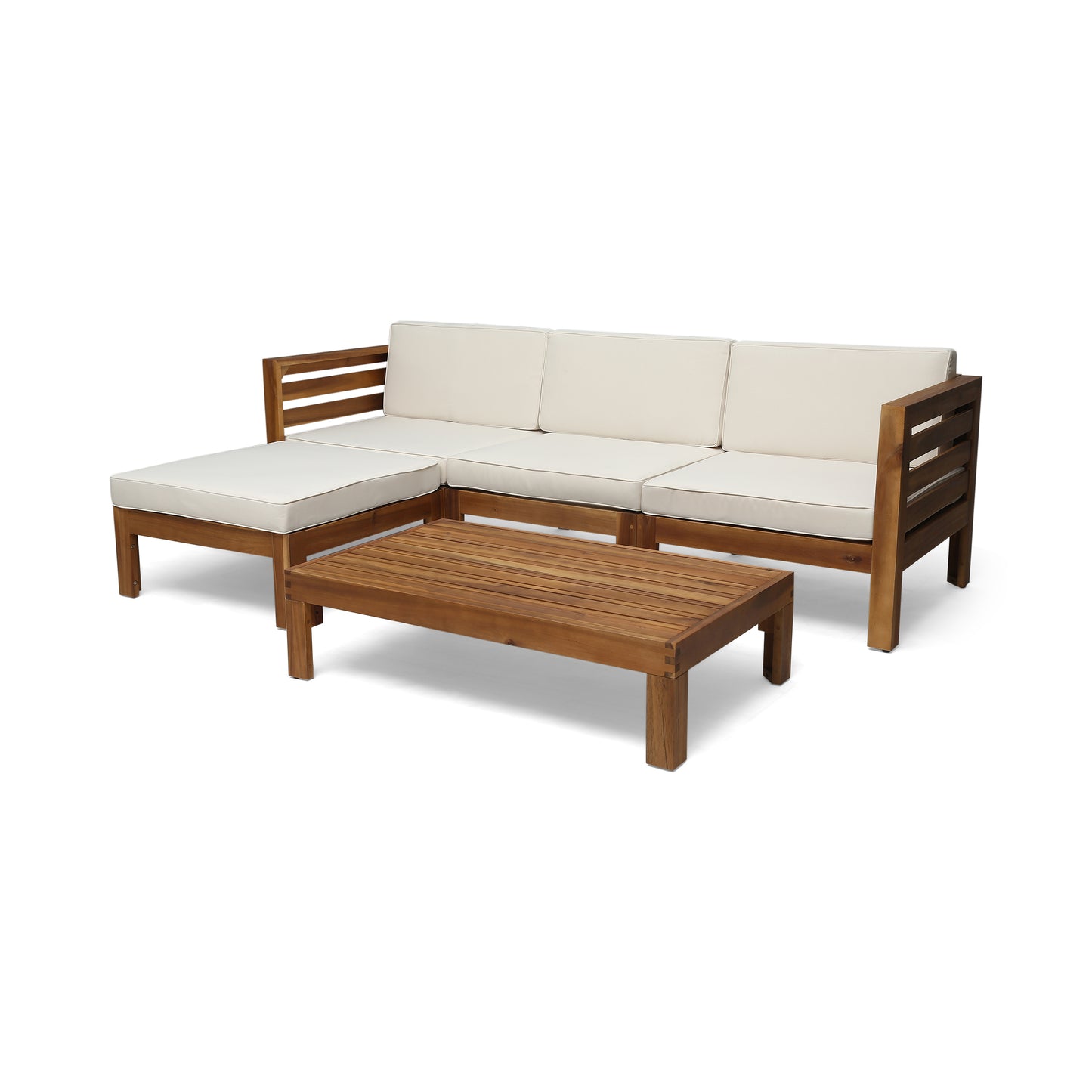 Cambridge L Shape Sofa Set with Ottoman and Table, Beige, Acacia Wood, Water Resistant Cushions