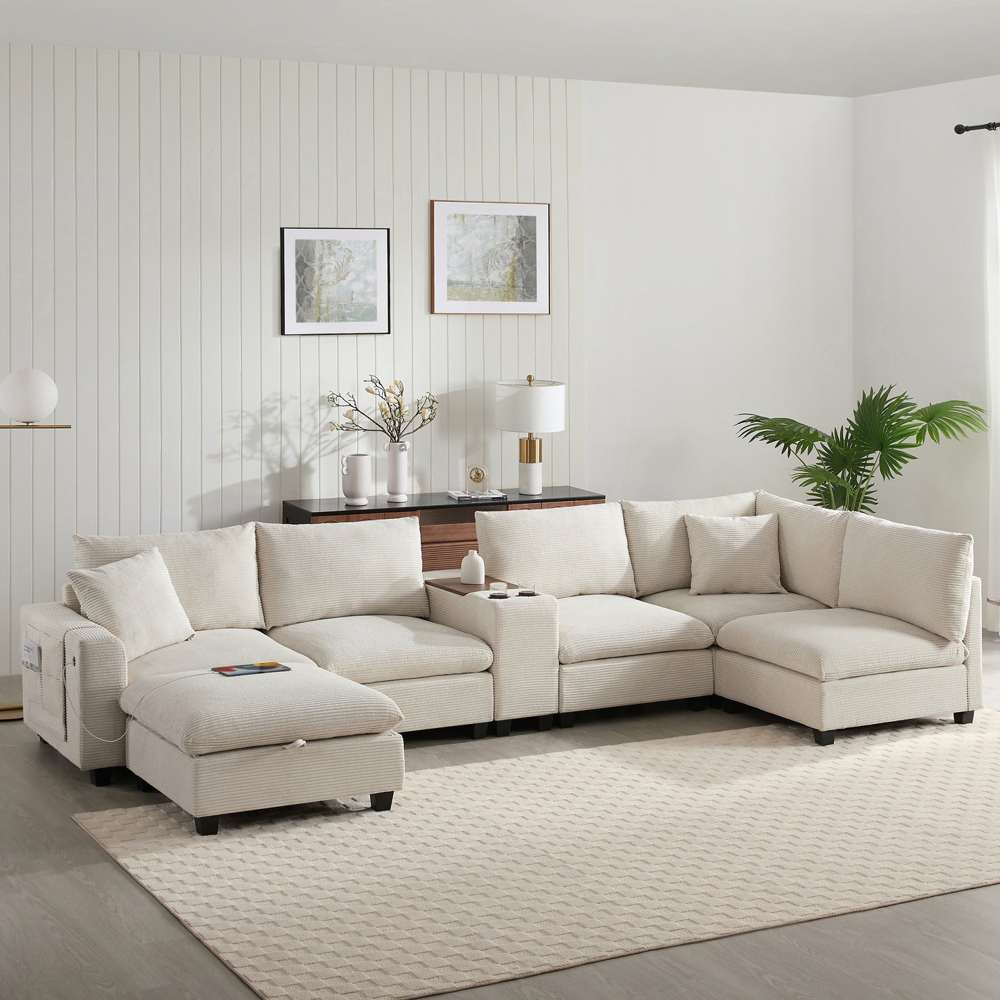 140'' Oversized Modular Sectional Sofa with Movable Storage Ottoman and Console,Removable Storage Pockets,Cup Holder,Wide Seat,USB Charger,6 Seat U Shaped Corduroy Couch for Living Room,2 Color