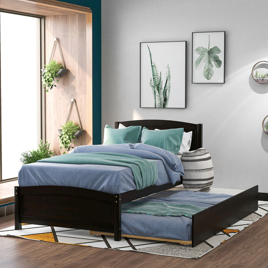 Platform Bed Twin Espresso Solid Wood with Trundle and Storage for Bedroom and Guest Room
