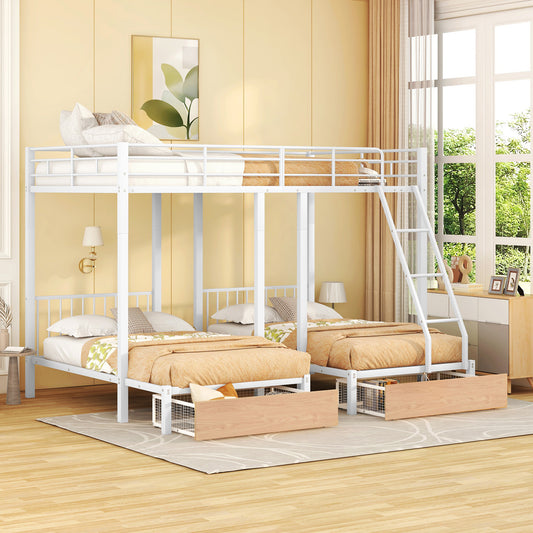 Bunk Bed White Metal & Wood with Storage for Bedroom and Guest Room