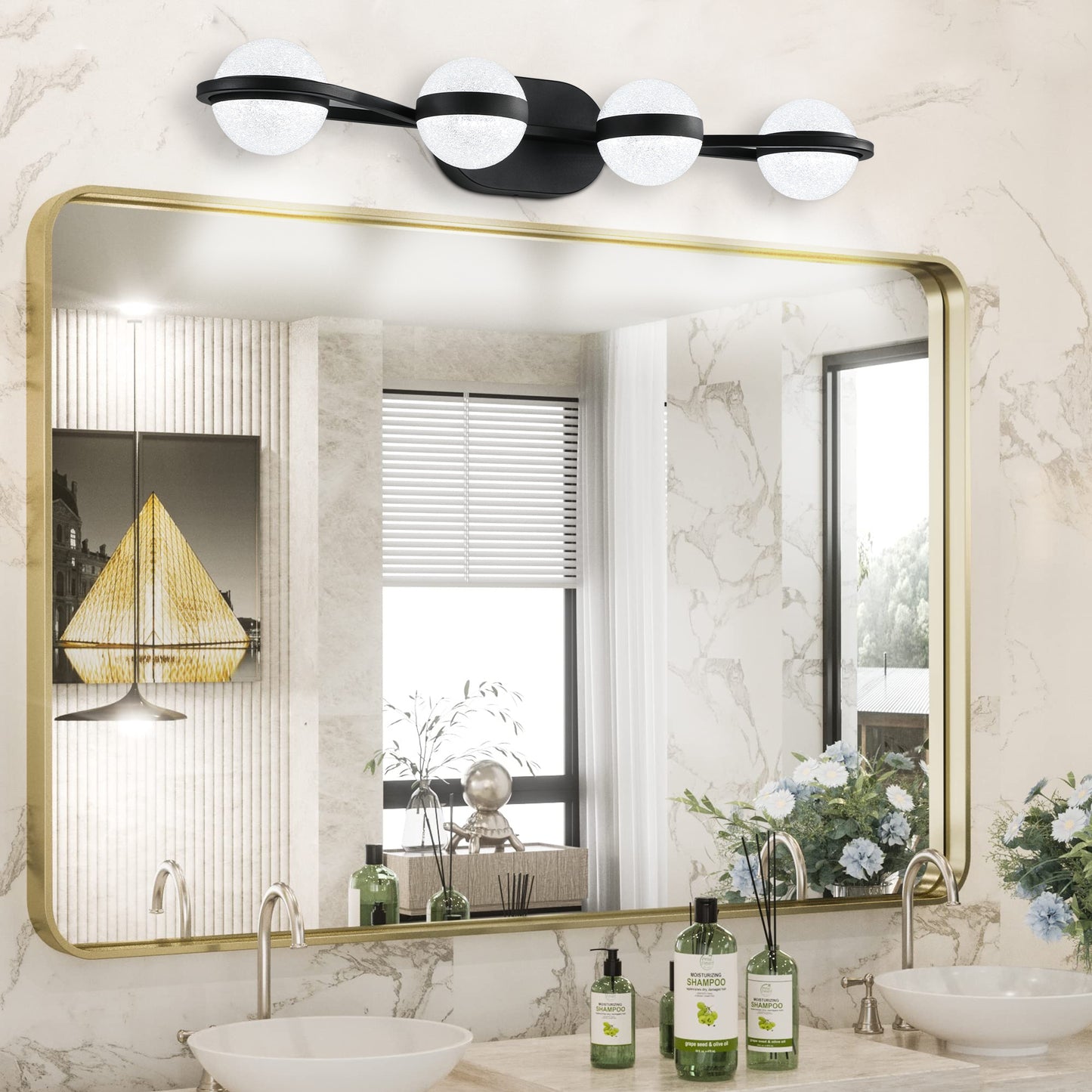 30' Black Minimalist LED Bathroom Vanity Light with Crystal Sand Acrylic Shades, 4-Light Wall Mounted Decorative Lighting Fixture, Suitable for Bathroom Vanity Mirror
