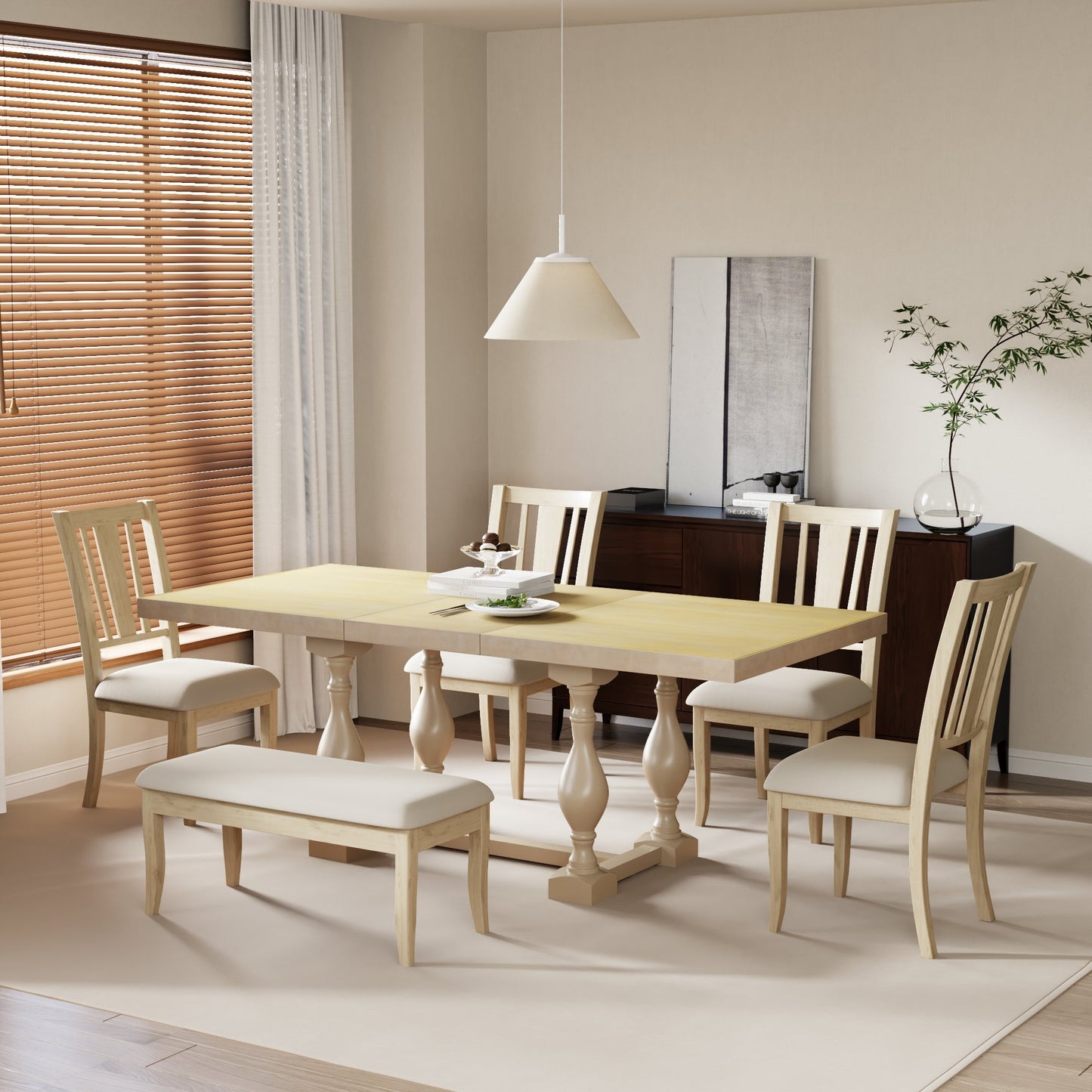 Traditional 6-Piece 78inch Trestle Extendable Dining Table Set with One 18inch Removable Leaf, Padded Dining Chairs and Bench,Natural